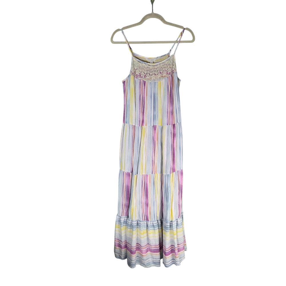 LC Lauren Conrad Womens Maxi Dress Crochet Pastel Multicolor Striped Tiered Sz M